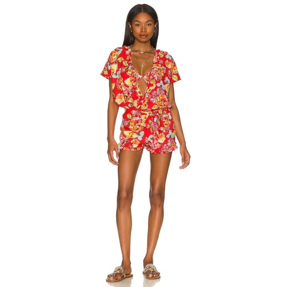 Agua Bendita x REVOLVE Zenda Romper Red Blossom Womens Size Large - Picture 1 of 9